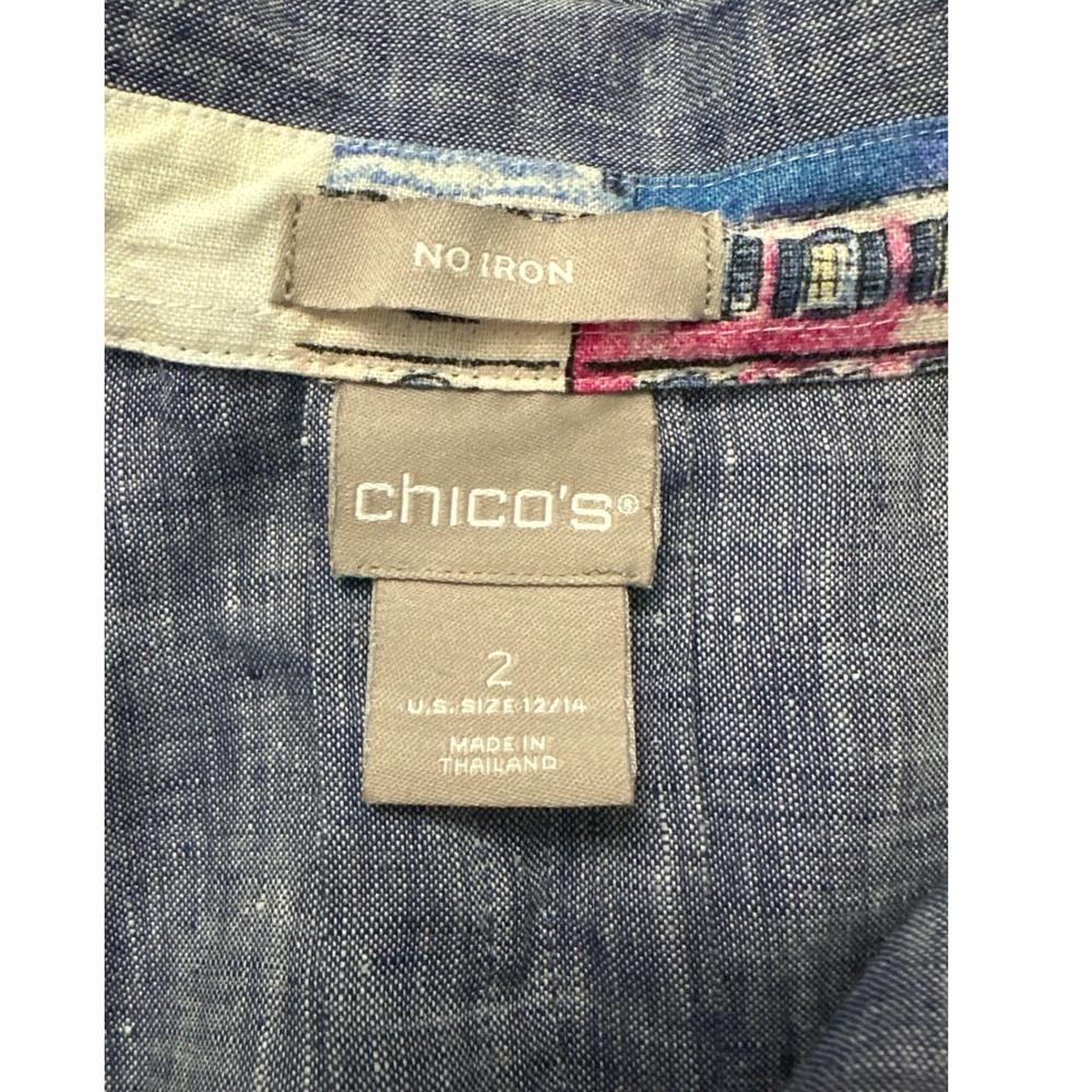 Chicos Blue Linen No Iron Button Down Shirt 3/4 Sleeve Size 2 12/14 - Picture 5 of 6